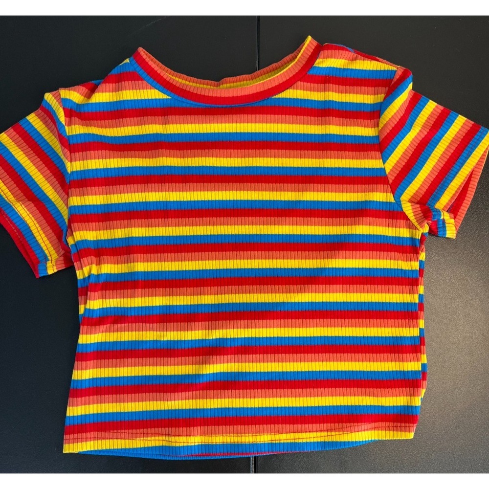 Rainbow Stripe T-Shirt Top Slim Fit Shirt Harajuku Crop Large Short‎ Sleeve Wear